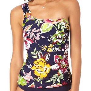 Anne Cole Tropical Floral One-Shoulder Tankini Swim Top Multicolor XS
